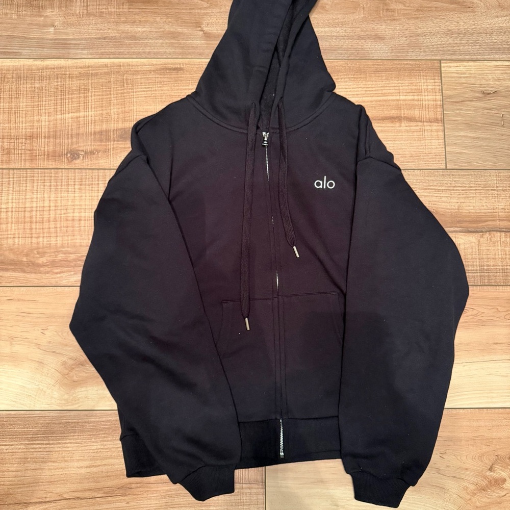 ALO Yoga Black Full-Zip Hoodie with Subtle Logo